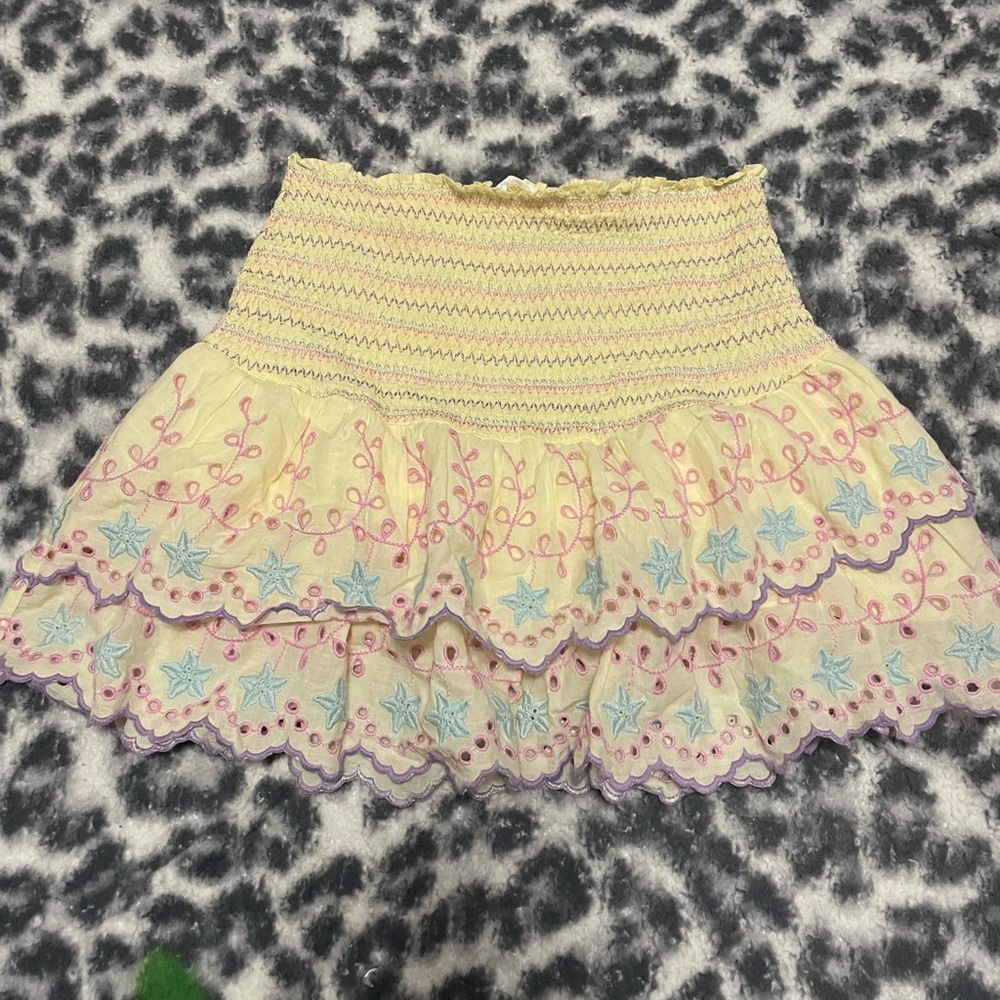 LoveShackFancy Mini Skirt with Pink Purple and Blue Embroidery and Stitc